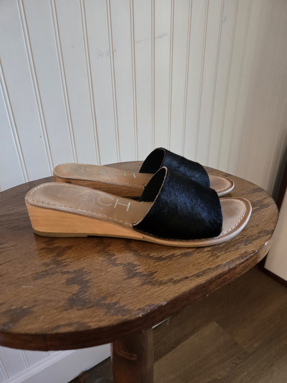 Matisse Beach Tiki Black Haircalf Slide Mule  Sandal with Wood Wedge